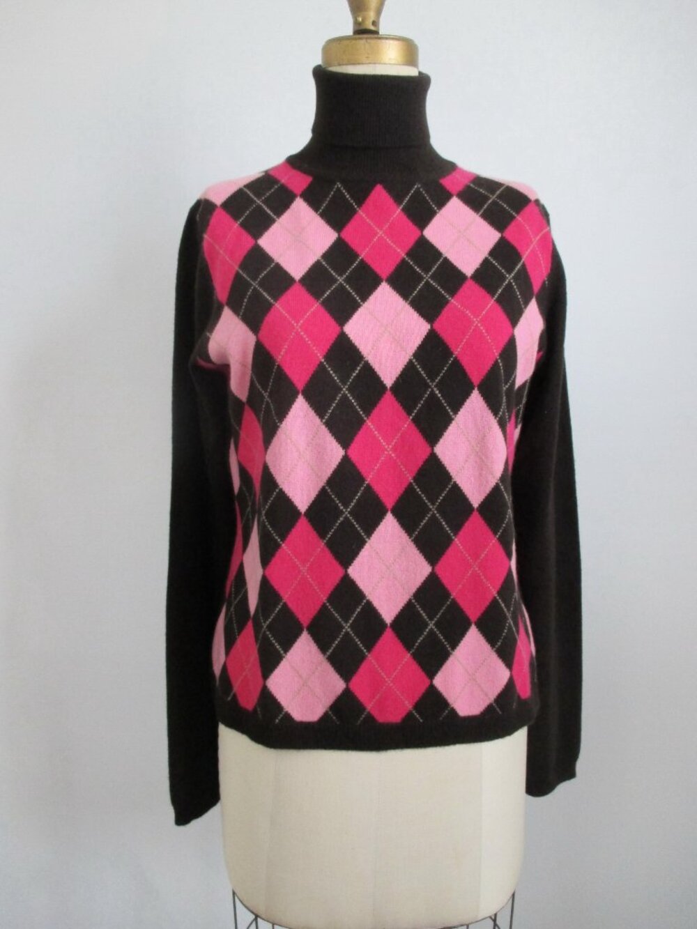 Dark Brown Cashmere Turtleneck Sweater Pink Argyle